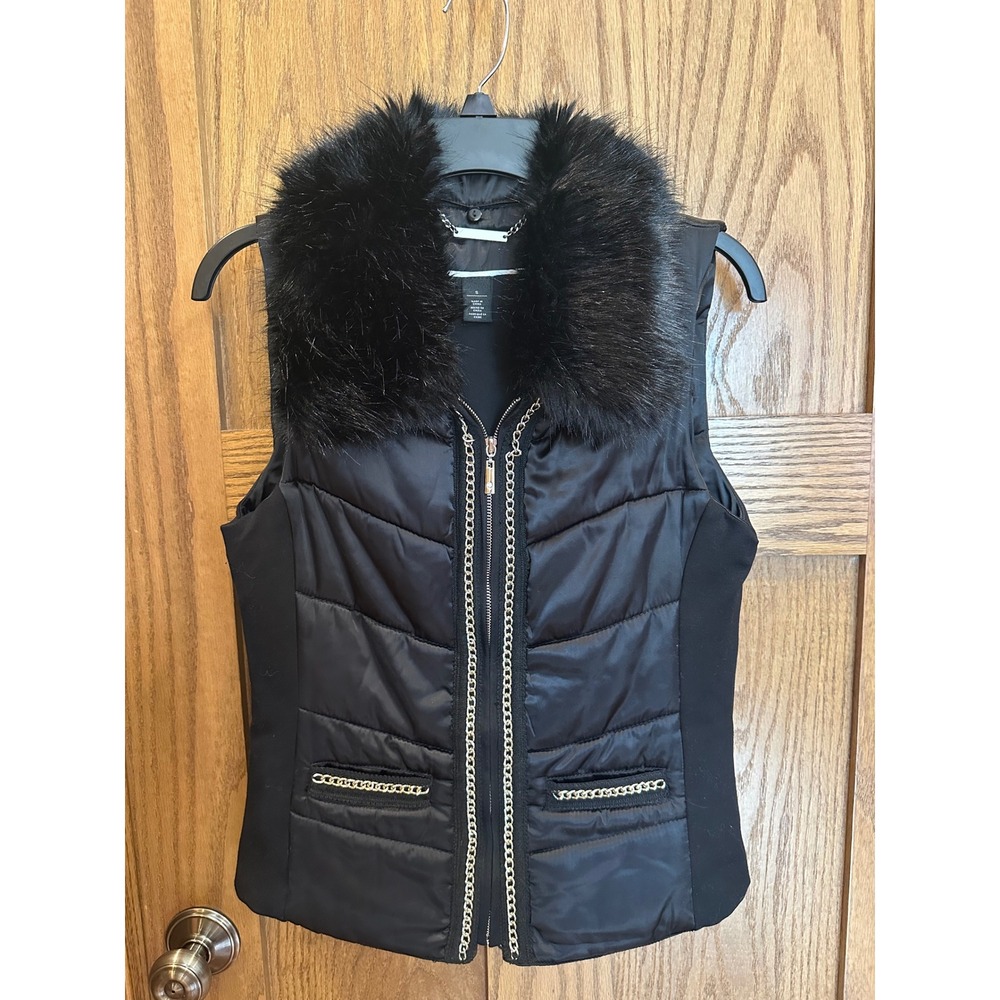 White House Black Market Black Chain Puffer Vest Removable Faux Fur Collar S